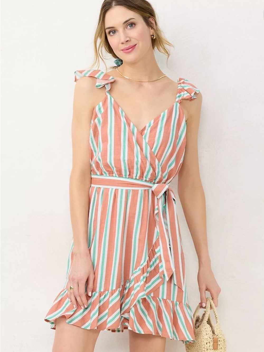 NWT LC Lauren Conrad Coral and Teal Striped Faux-Wrap Dress